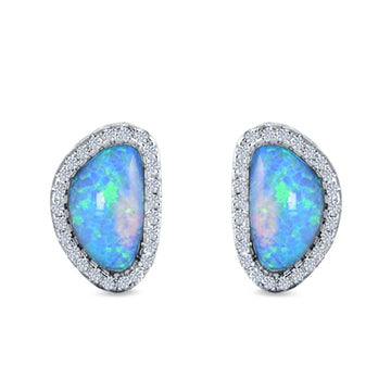 Halo Stud Earrings Lab Created Blue Opal Simulated CZ 925 Sterlig Silver(12mm)